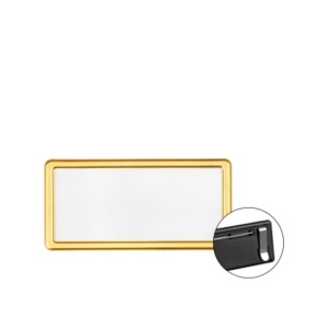 Targhetta portanome rettangolare in metallo color oro lucido, fissaggio tramite spilla, 6,9 x 3,4 cm