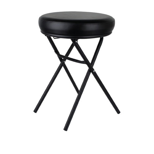 Klappbarer Badhocker aus schwarzem Metall mit Sitzfläche aus schwarzem Kunstleder, Ø 36 x H 49 cm