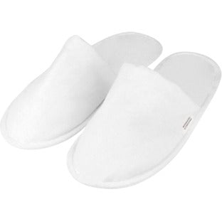 Pantofola Biolook in tessuto biodegradabile e compostabile, tomaia chiusa, misura uomo/unisex (29,5 cm), bianco, con fascetta in carta.