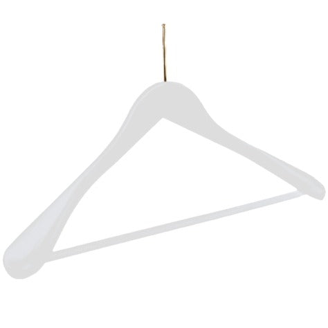 Gruccia in legno di faggio a spalla larga e asta antiscivolo, chiodo dorato, colore bianco, 44 x 5 cm, 50 pz.