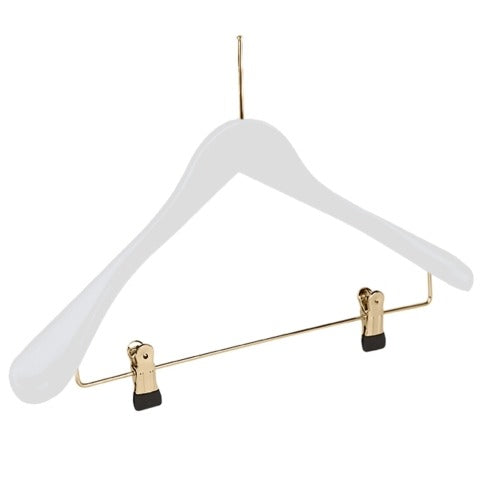 Gruccia in legno di faggio a spalla larga con asta e pinze scorrevoli, bianco, 44x5 cm, 50 pz