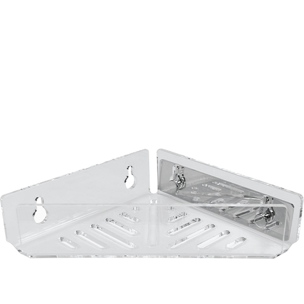 Mensola doccia angolare in plexiglass trasparente, fissaggio a colla, 20x20x6 cm