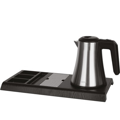 Kit bollitore con bollitore elettrico acciaio/nero, vassoio in ABS nero effetto legno con griglia e scomparti, 800 W, 0,8 L, 44 x 22,5 x h 3 cm